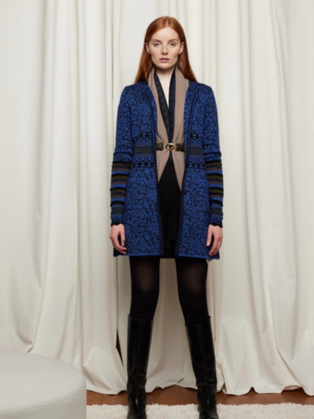 Oleana Silk Road Cardigan Dark Blue Merino Wool Long Line Button Front Nordic